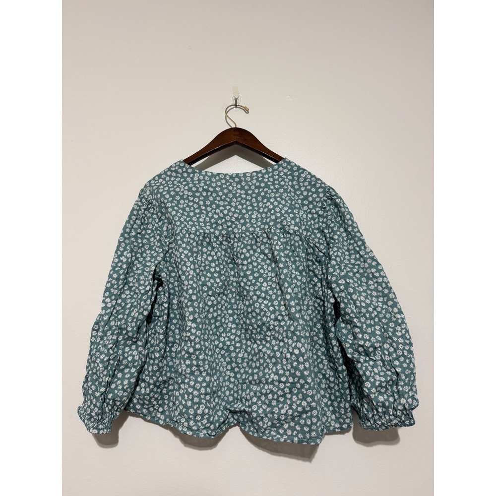 GAP Womens XXL Teal Green Daisy Floral Cotton Tie Neck Boho Peasant Blouse Top - Picture 6 of 9